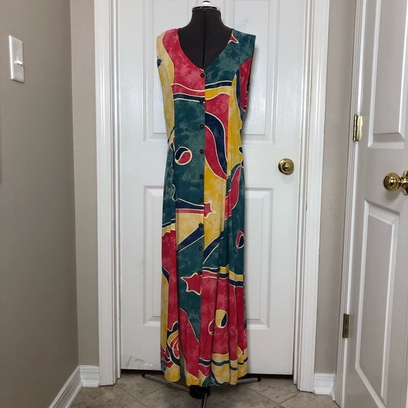 Reggae To Wear Jamaica Water Color Sleeveless Back Tie Button Down Maxi Dress M - Picture 2 of 14